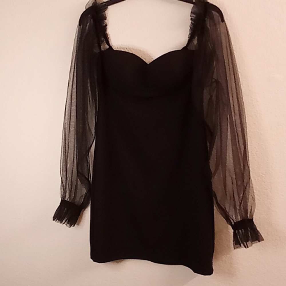 NEW PARISIAN Sz 10 Y2K Little Black Empire Long Sheer Sleeves Dress B11 SCD